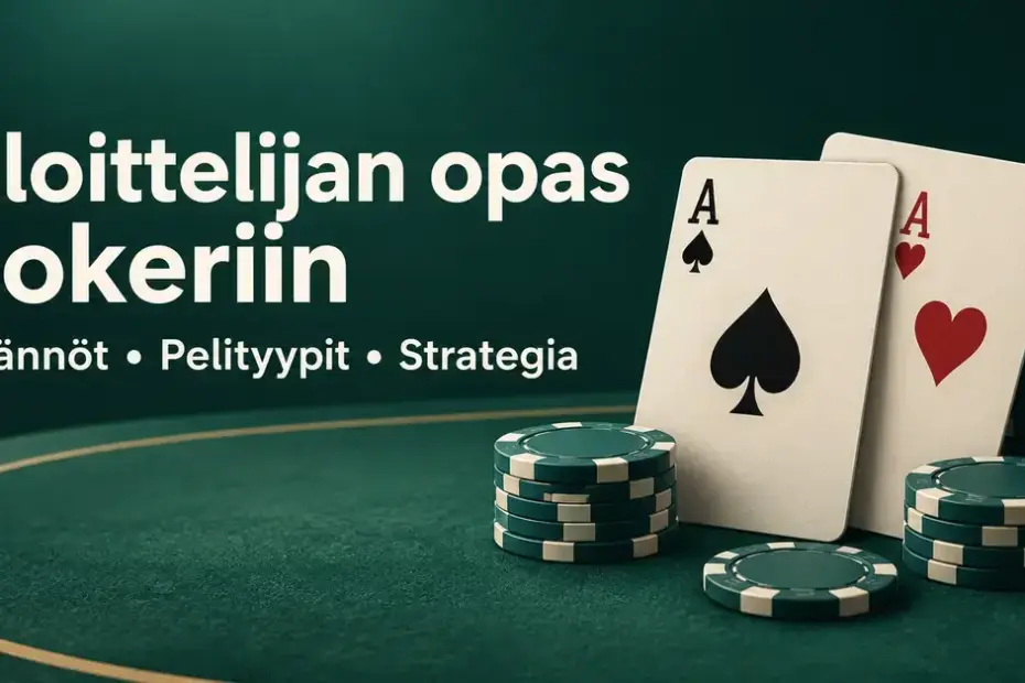 Pataässä ja herttaässä sekä pelimerkkipinoja vihreällä pokeripöydällä ja teksti ”Aloittelijan opas pokeriin – Säännöt, Pelityypit, Strategia”.