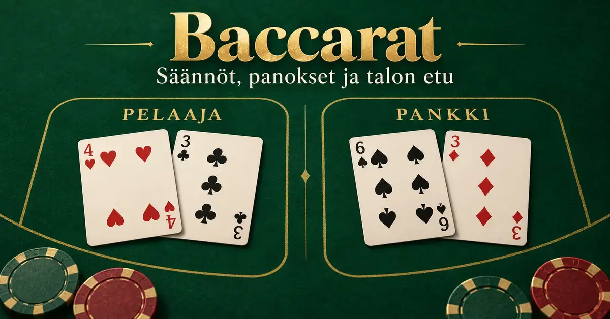 Baccarat – säännöt, pelin kulku, panokset ja talon etu Baccarat-pöydällä näkyvät pelaajan herttanelonen ja ristikolmonen sekä pankin patakuutonen ja ruutukolmonen vihreällä taustalla pelimerkkien vieressä.