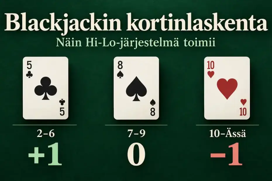 Blackjackin Hi-Lo-kortinlaskentaa havainnollistava kuva, jossa korttien 2–6 laskenta-arvo on +1, korttien 7–9 arvo 0 ja korttien kymmenestä ässään arvo −1.