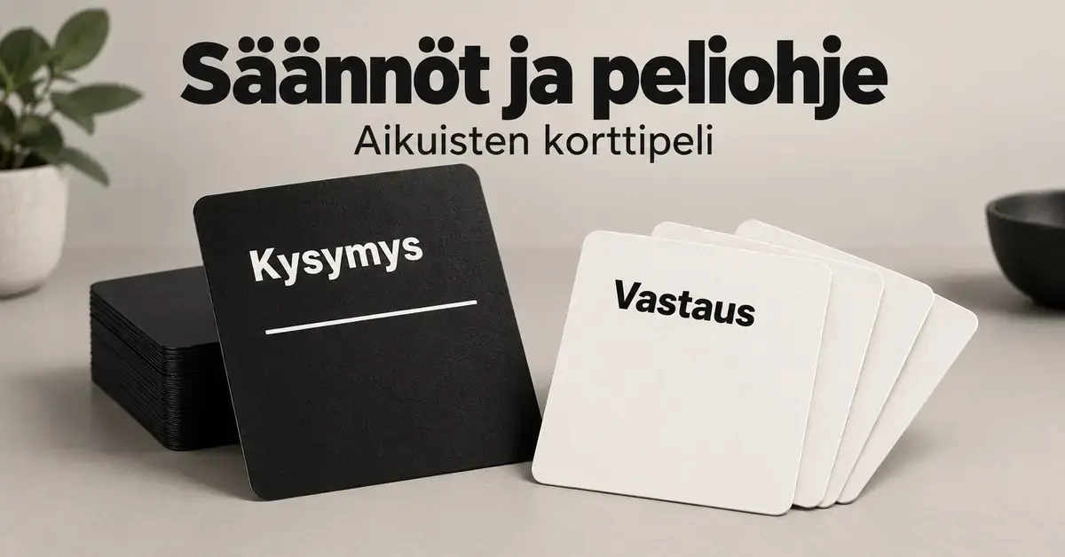 Cards Against Humanity – säännöt ja näin peliä pelataan Musta kysymyskortti ja valkoiset vastauskortit havainnollistavat Cards Against Humanity -peliä otsikon ”Säännöt ja peliohje” alla.
