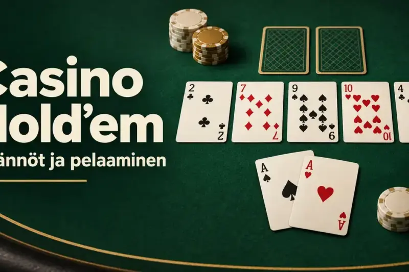 Casino Hold’em -pelipöydällä on viisi yhteistä korttia, pelaajan kaksi ässää, jakajan kaksi kuvapuoli alaspäin olevaa korttia ja pelimerkkejä.