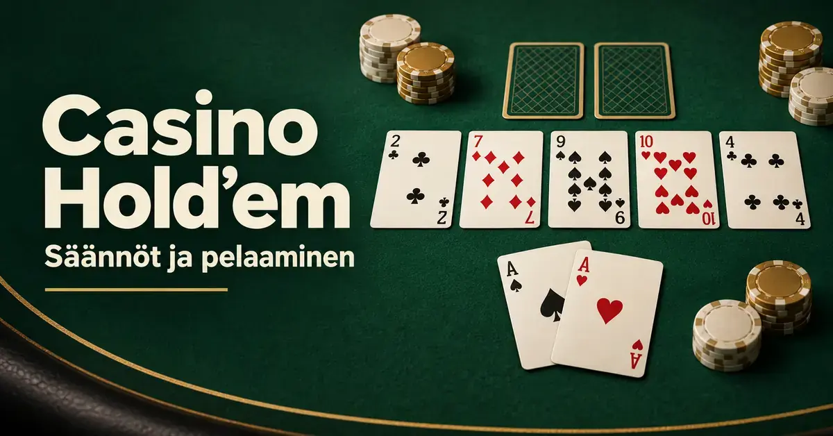 Casino Hold'em – säännöt ja näin peliä pelataan Casino Hold’em -pelipöydällä on viisi yhteistä korttia, pelaajan kaksi ässää, jakajan kaksi kuvapuoli alaspäin olevaa korttia ja pelimerkkejä.