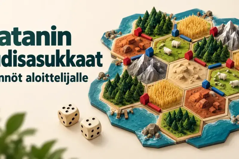 Kuvitettu Catan-pelilauta, jossa on kuusikulmaisia maastolaattoja, punaisia ja sinisiä asutuksia ja teitä sekä kaksi noppaa ja teksti ”Catanin uudisasukkaat – Säännöt aloittelijalle”.