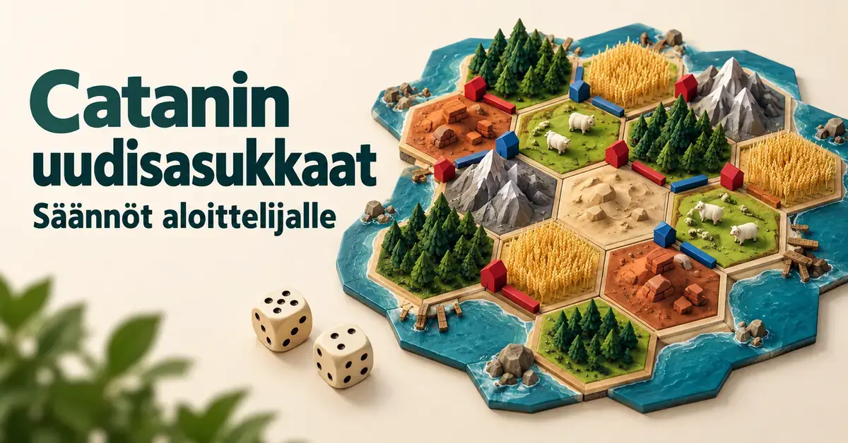Kuvitettu Catan-pelilauta, jossa on kuusikulmaisia maastolaattoja, punaisia ja sinisiä asutuksia ja teitä sekä kaksi noppaa ja teksti ”Catanin uudisasukkaat – Säännöt aloittelijalle”.