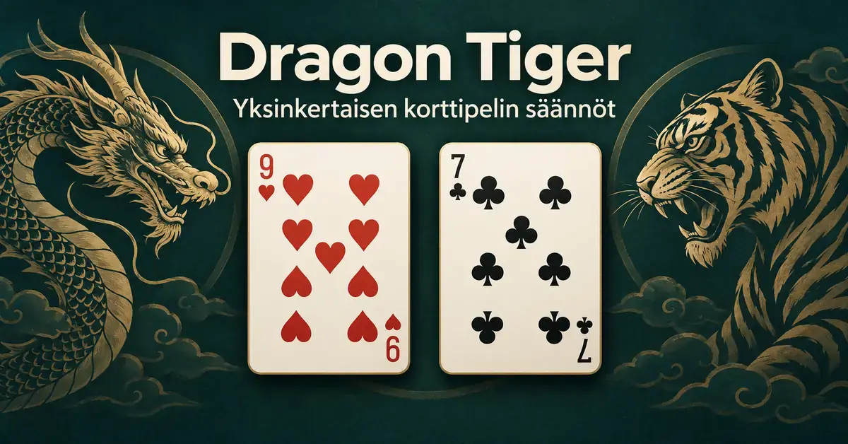 Dragon Tiger – yksinkertaisen live-korttipelin säännöt Dragon Tiger -pelin kuvituksessa herttayhdeksikkö ja ristiseiska ovat kultaisen lohikäärmeen ja tiikerin välissä tummanvihreällä taustalla.