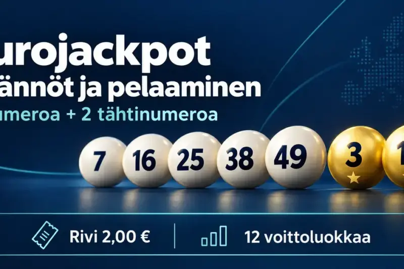 Eurojackpotin sääntöjä esittelevä kuva, jossa on viisi vaaleaa numeropalloa, kaksi kultaista tähtinumeropalloa sekä tiedot kahden euron rivihinnasta ja 12 voittoluokasta.
