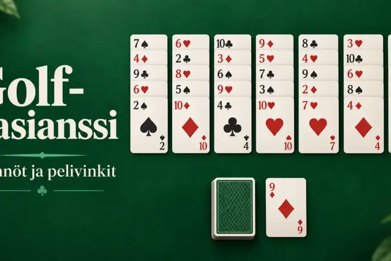 Golf-pasianssin kortit seitsemässä sarakkeessa vihreällä pelipöydällä sekä teksti ”Golf-pasianssi – Säännöt ja pelivinkit”.