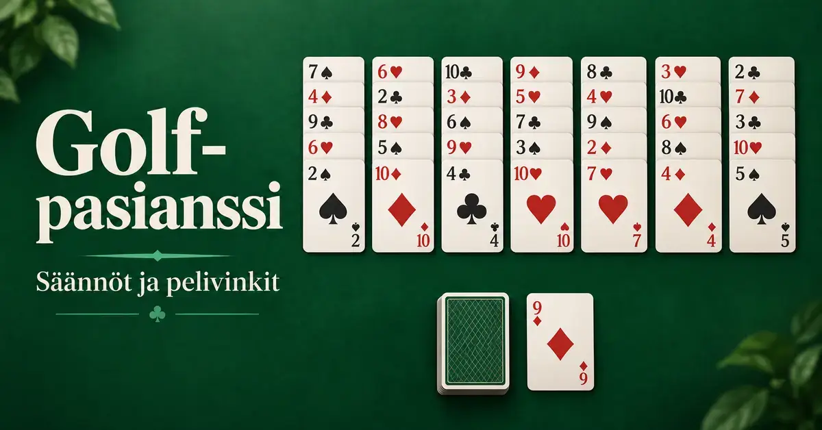 Golf-pasianssin kortit seitsemässä sarakkeessa vihreällä pelipöydällä sekä teksti ”Golf-pasianssi – Säännöt ja pelivinkit”.