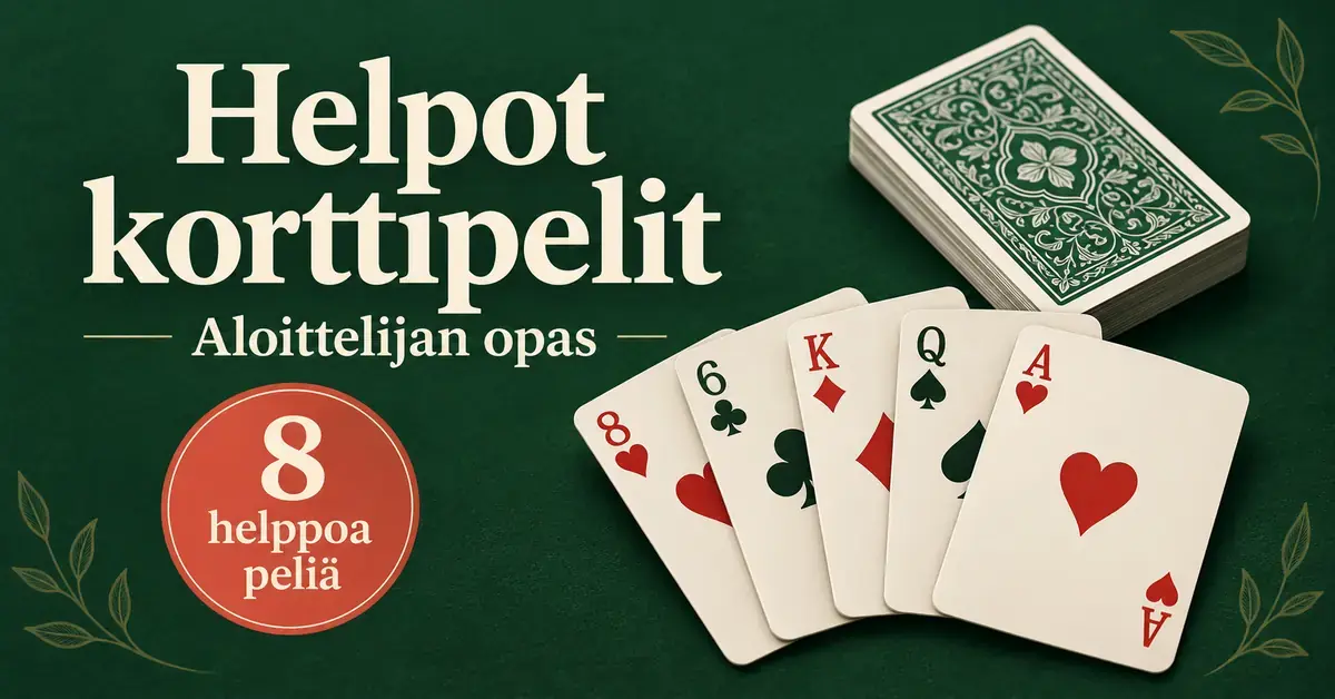 Helpot korttipelit – aloittelijan opas 8 helppoon peliin Vihreällä taustalla on pelikortteja ja korttipakka sekä tekstit ”Helpot korttipelit”, ”Aloittelijan opas” ja ”8 helppoa peliä”.