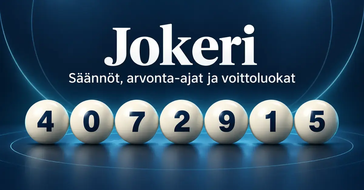 Jokeri – säännöt, arvonta-ajat ja voittoluokat Seitsemän numeroitua arvontapalloa tummansinisellä taustalla sekä teksti ”Jokeri – Säännöt, arvonta-ajat ja voittoluokat”.