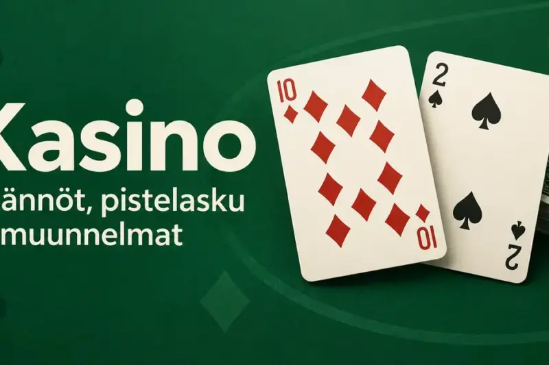 Kasino-korttipelin ruutukymppi ja patakakkonen vihreällä taustalla sekä teksti ”Kasino – Säännöt, pistelasku ja muunnelmat”.