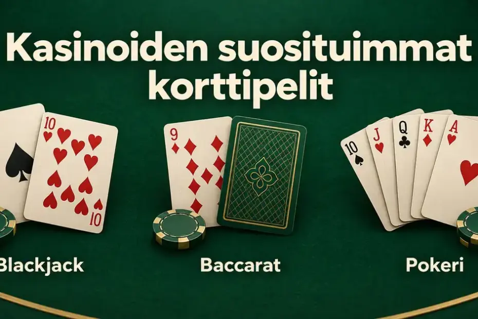 Blackjackia, baccaratia ja pokeria esittelevä kuvitus, jossa on pelikortteja ja pelimerkkejä vihreällä taustalla.