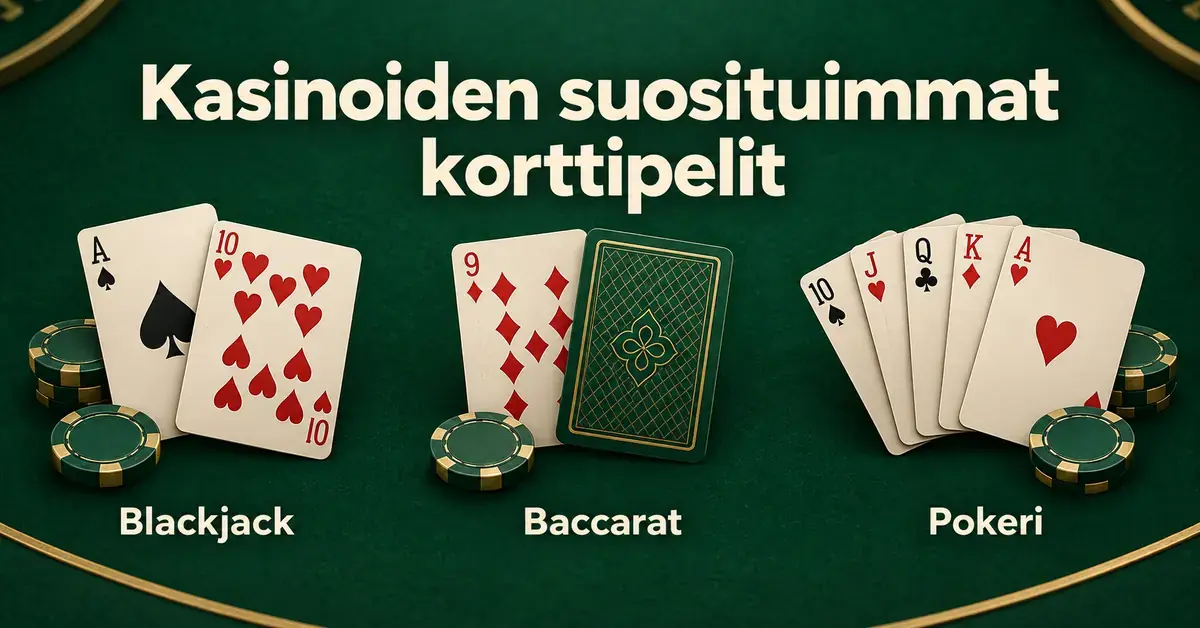 Blackjackia, baccaratia ja pokeria esittelevä kuvitus, jossa on pelikortteja ja pelimerkkejä vihreällä taustalla.
