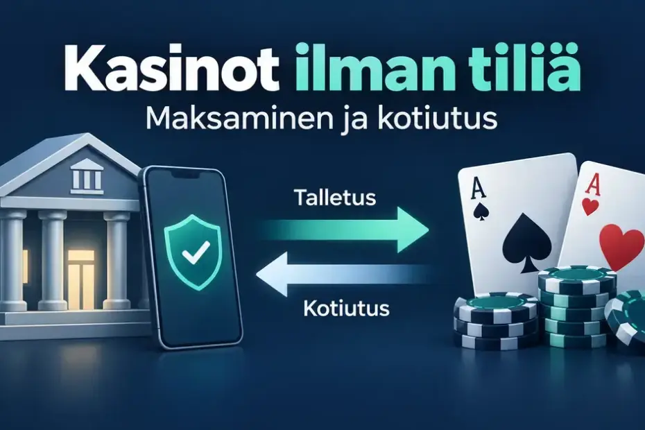 Kuvitus tilittömän kasinon talletuksista ja kotiutuksista: pankki, tunnistautumista kuvaava puhelin sekä pelikortit ja pelimerkit yhdistyvät vastakkaissuuntaisilla nuolilla.