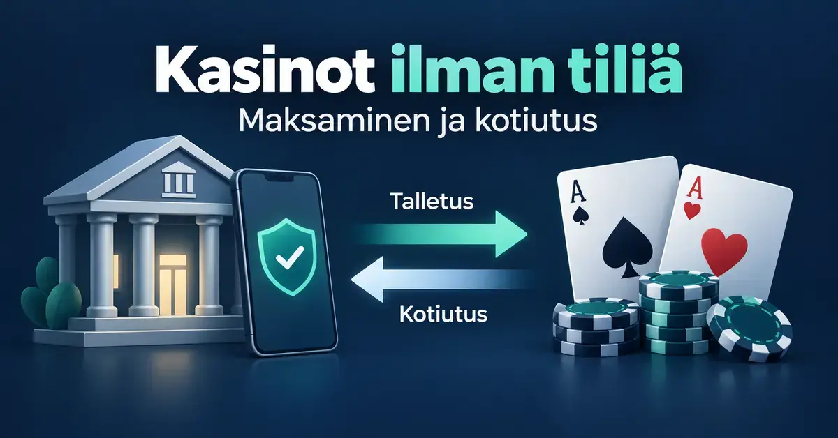 Kuvitus tilittömän kasinon talletuksista ja kotiutuksista: pankki, tunnistautumista kuvaava puhelin sekä pelikortit ja pelimerkit yhdistyvät vastakkaissuuntaisilla nuolilla.