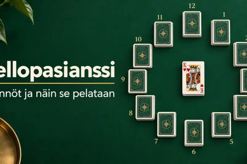Kellotaulun muotoon asetetut kaksitoista korttipinoa ja keskellä oleva kuningas vihreällä pelipöydällä sekä teksti ”Kellopasianssi – Säännöt ja näin se pelataan”.