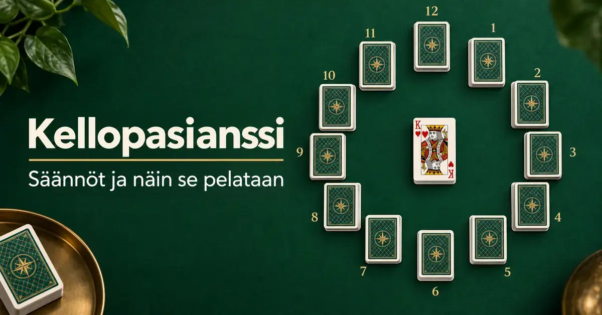Kellotaulun muotoon asetetut kaksitoista korttipinoa ja keskellä oleva kuningas vihreällä pelipöydällä sekä teksti ”Kellopasianssi – Säännöt ja näin se pelataan”.