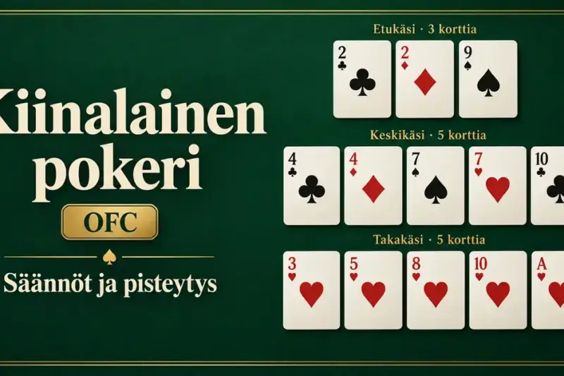 Kiinalaisen pokerin korttiasetelma, jossa etukädessä on kolme korttia sekä keski- ja takakädessä kummassakin viisi korttia vihreällä pelipöydällä.