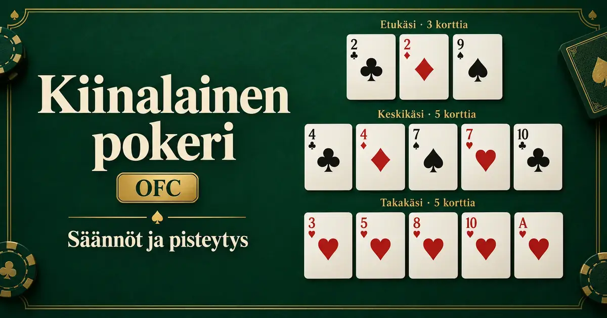 Kiinalaisen pokerin korttiasetelma, jossa etukädessä on kolme korttia sekä keski- ja takakädessä kummassakin viisi korttia vihreällä pelipöydällä.