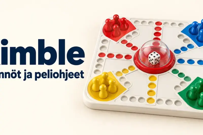 Kimble-pelilauta värikkäine nappuloineen ja keskellä olevine noppakupuineen sekä teksti ”Kimble – Säännöt ja peliohjeet”.