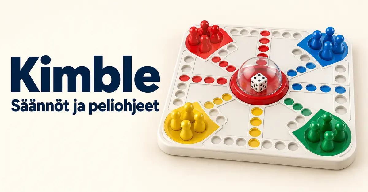 Kimble-pelilauta värikkäine nappuloineen ja keskellä olevine noppakupuineen sekä teksti ”Kimble – Säännöt ja peliohjeet”.