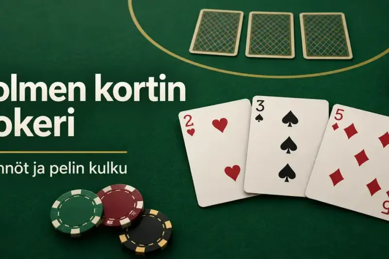 Kolmen kortin pokeria esittelevä kuva, jossa on kolme avointa pelikorttia, jakajan kuvapuoli alaspäin olevat kortit ja pelimerkkejä vihreällä pelipöydällä.