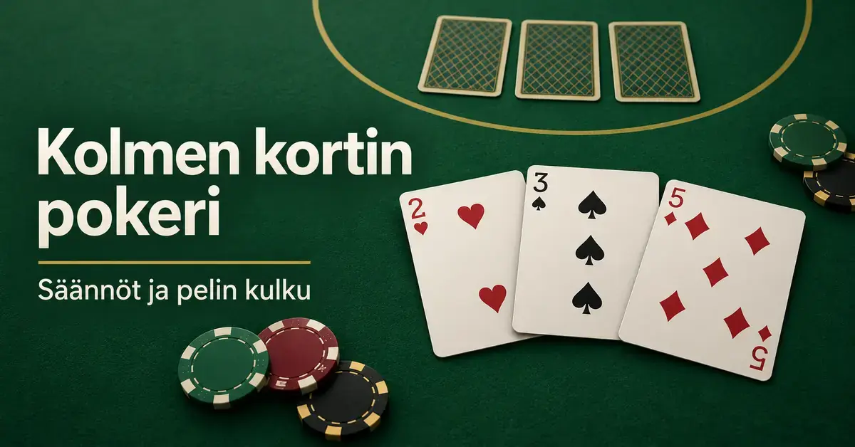 Kolmen kortin pokeri (Three Card Poker) – säännöt ja näin peliä pelataan Kolmen kortin pokeria esittelevä kuva, jossa on kolme avointa pelikorttia, jakajan kuvapuoli alaspäin olevat kortit ja pelimerkkejä vihreällä pelipöydällä.