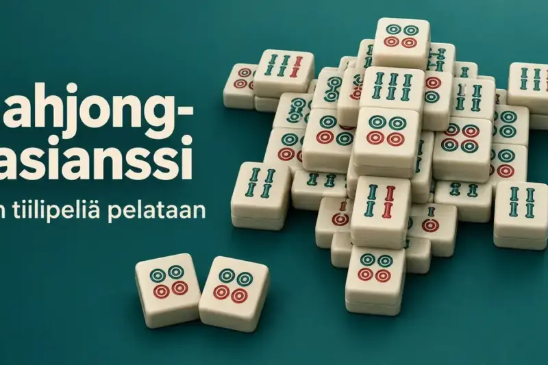 Mahjong-pasianssin kuvioidut laatat muodostavat kerroksittaisen asetelman tummanvihreällä taustalla, ja etualalla on kaksi samanlaista laattaa sekä teksti ”Mahjong-pasianssi – Näin tiilipeliä pelataan”.