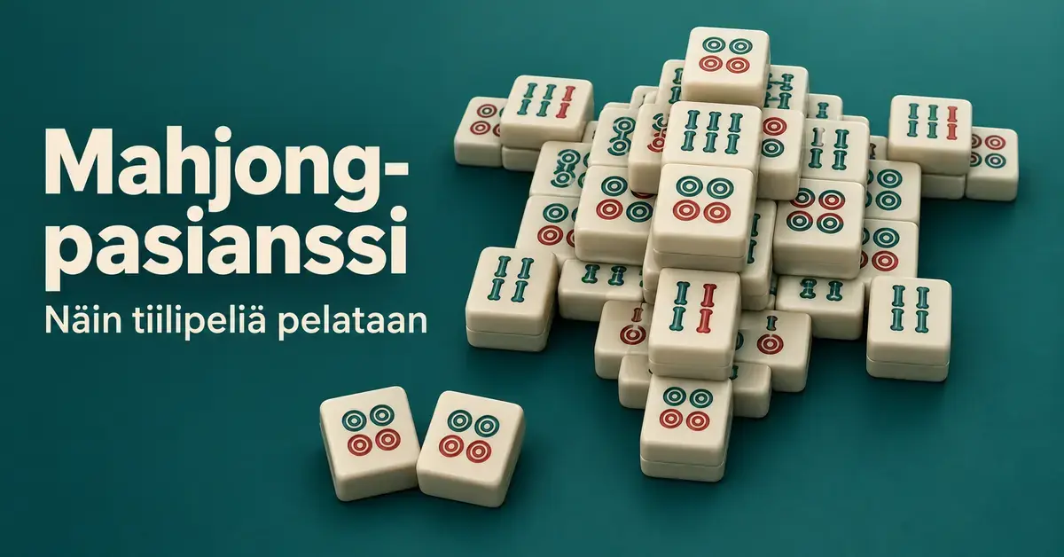 Mahjong-pasianssi – näin tiilipeliä pelataan Mahjong-pasianssin kuvioidut laatat muodostavat kerroksittaisen asetelman tummanvihreällä taustalla, ja etualalla on kaksi samanlaista laattaa sekä teksti ”Mahjong-pasianssi – Näin tiilipeliä pelataan”.