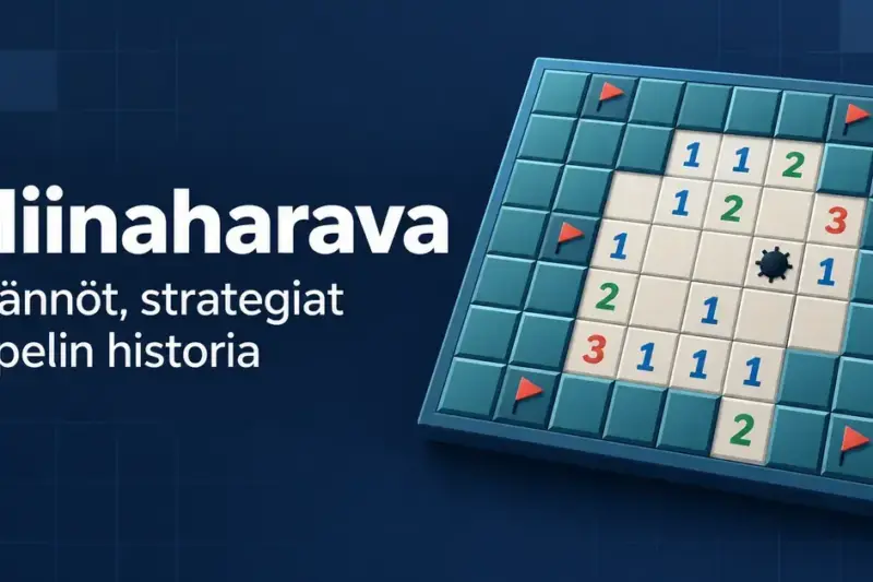Miinaharavan numeroitu peliruudukko, punaiset liput ja miina tummansinisellä taustalla sekä teksti ”Miinaharava – Säännöt, strategiat ja pelin historia”.