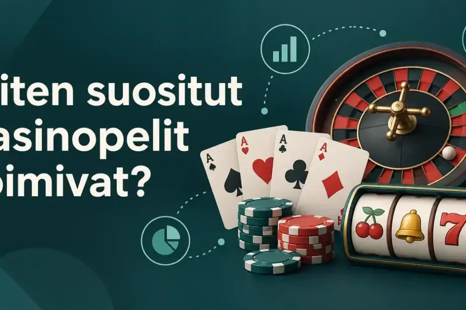 Kasinopelien toimintaa havainnollistava kuva, jossa on pelikortteja, pelimerkkejä, rulettipyörä ja kolikkopelin rullat sekä otsikko ”Miten suositut kasinopelit toimivat?”.