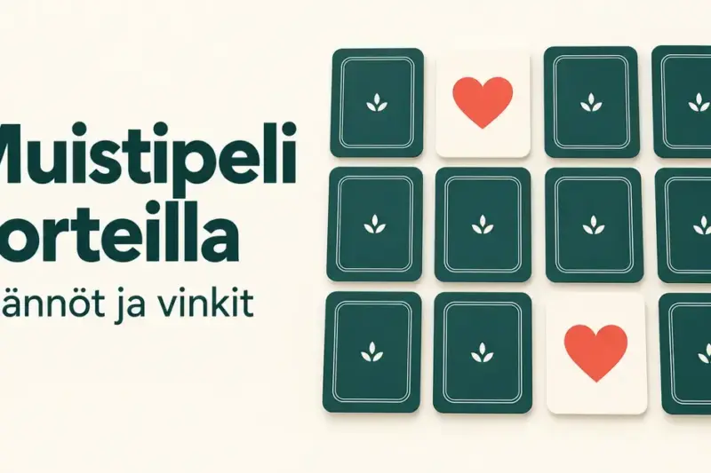 Muistipelin kortit on aseteltu riveihin, ja kaksi esiin käännettyä sydänkorttia muodostaa parin tekstin ”Muistipeli korteilla – Säännöt ja vinkit” vieressä.