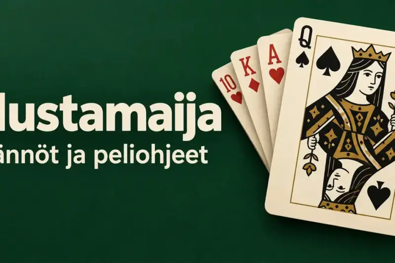 Patakuningatar ja muita pelikortteja vihreällä taustalla sekä teksti ”Mustamaija – Säännöt ja peliohjeet”.