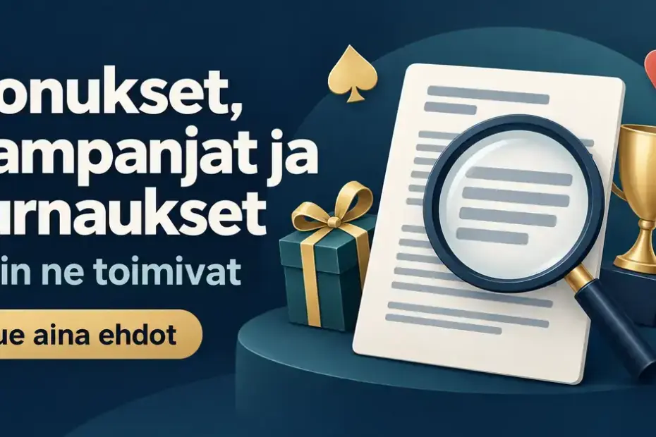 Nettikasinoiden bonuksia, kampanjoita ja turnauksia havainnollistava kuva, jossa suurennuslasi korostaa käyttöehtoja lahjapaketin, pokaalin ja pelikorttien maasymbolien vieressä.