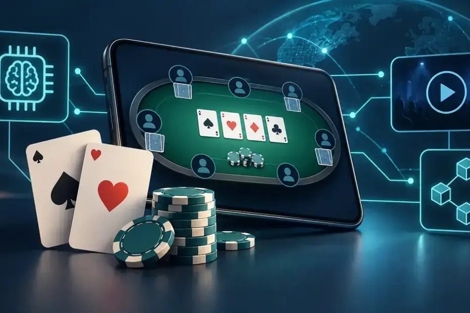 Online-pokerin tulevaisuutta havainnollistava kuva, jossa mobiililaitteen pokeripöytää ympäröivät pelikortit, pelimerkit sekä tekoälyn, suoratoiston ja lohkoketjun symbolit.