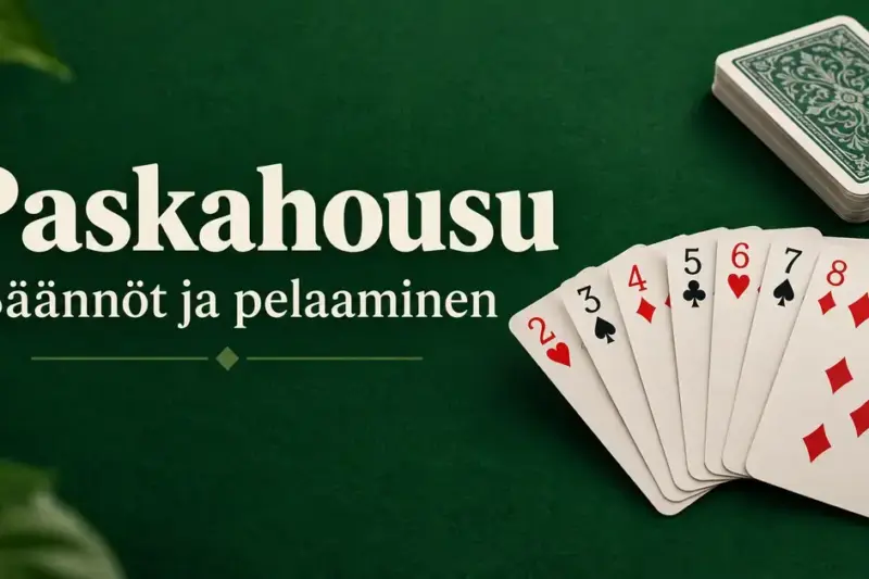 Pelikortteja ja korttipakka vihreällä taustalla sekä teksti ”Paskahousu – Säännöt ja pelaaminen”.