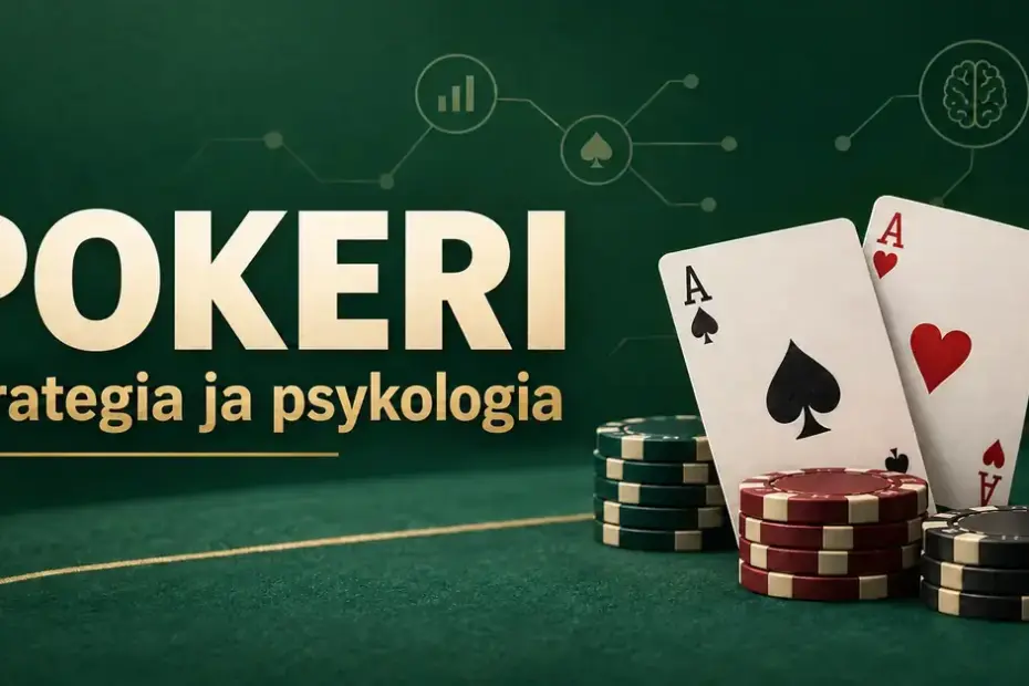 Pataässä, herttaässä ja pelimerkkipinot vihreällä taustalla, jossa on strategiaa ja psykologiaa kuvaavia symboleja sekä teksti ”Pokeri – Strategia ja psykologia”.