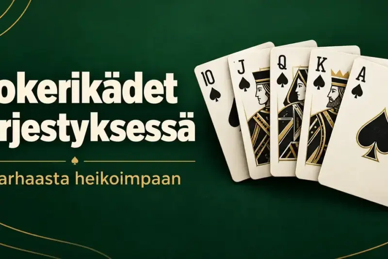 Patakorteista muodostuva kuningasvärisuora tummanvihreällä taustalla ja teksti ”Pokerikädet järjestyksessä – Parhaasta heikoimpaan”.