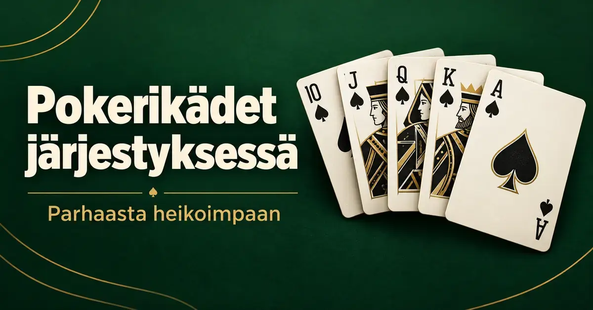 Patakorteista muodostuva kuningasvärisuora tummanvihreällä taustalla ja teksti ”Pokerikädet järjestyksessä – Parhaasta heikoimpaan”.