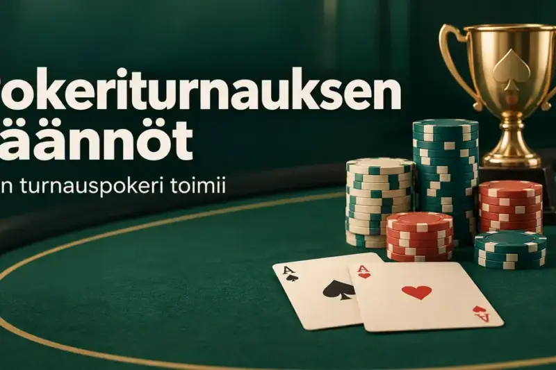 Vihreällä pokeripöydällä on pelimerkkipinoja, kaksi ässää ja kultainen pokaali sekä teksti ”Pokeriturnauksen säännöt – Näin turnauspokeri toimii”.
