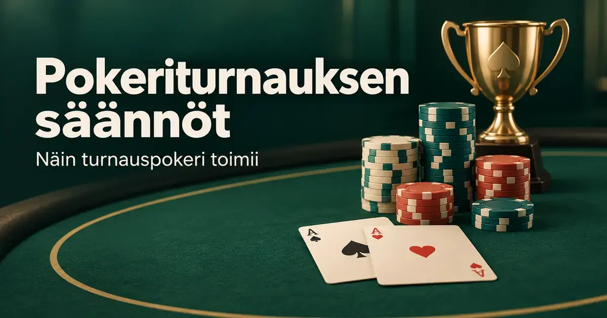 Vihreällä pokeripöydällä on pelimerkkipinoja, kaksi ässää ja kultainen pokaali sekä teksti ”Pokeriturnauksen säännöt – Näin turnauspokeri toimii”.