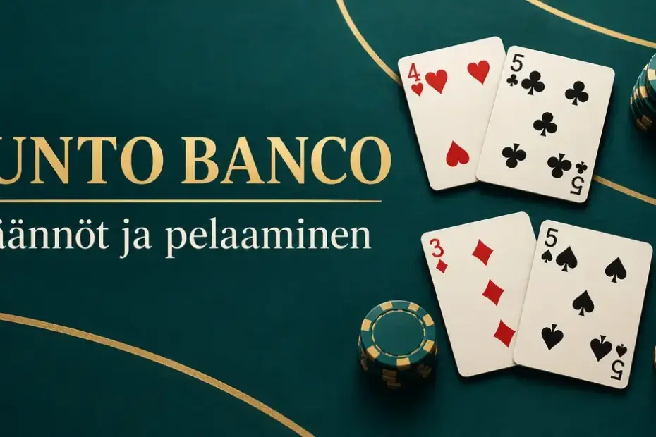Punto Banco -pelin kaksi korttikättä ja pelimerkkejä tummanvihreällä pelipöydällä sekä teksti ”Punto Banco – Säännöt ja pelaaminen”.