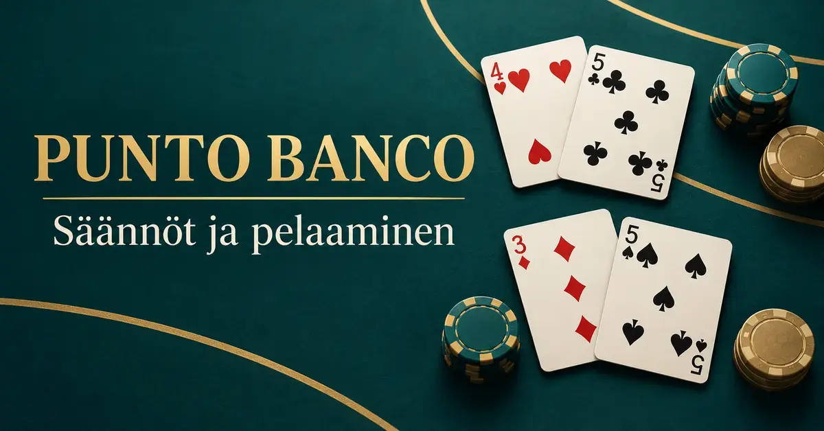 Punto Banco -pelin kaksi korttikättä ja pelimerkkejä tummanvihreällä pelipöydällä sekä teksti ”Punto Banco – Säännöt ja pelaaminen”.