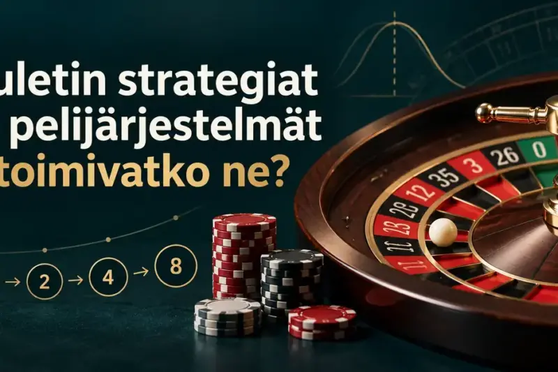 Rulettipyörä, pelimerkkipinot ja panostussarja 1–2–4–8 havainnollistavat ruletin pelijärjestelmiä otsikon ”Ruletin strategiat ja pelijärjestelmät – toimivatko ne?” vieressä.