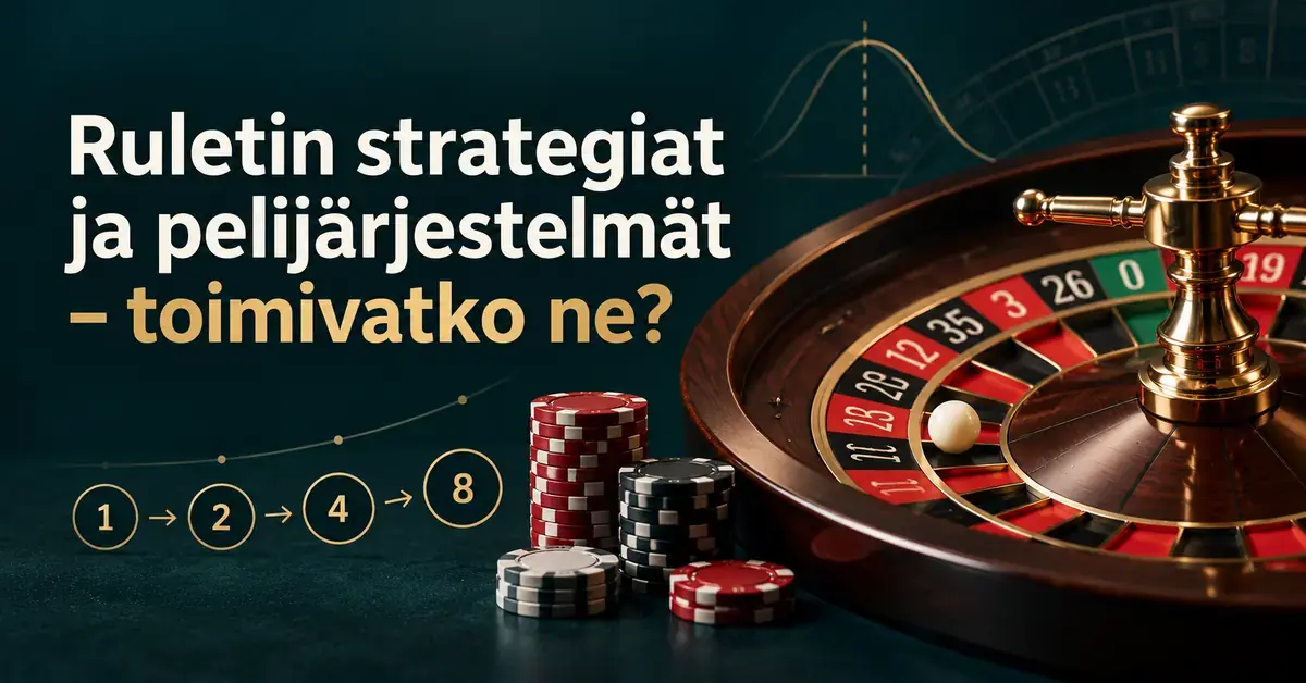 Rulettipyörä, pelimerkkipinot ja panostussarja 1–2–4–8 havainnollistavat ruletin pelijärjestelmiä otsikon ”Ruletin strategiat ja pelijärjestelmät – toimivatko ne?” vieressä.