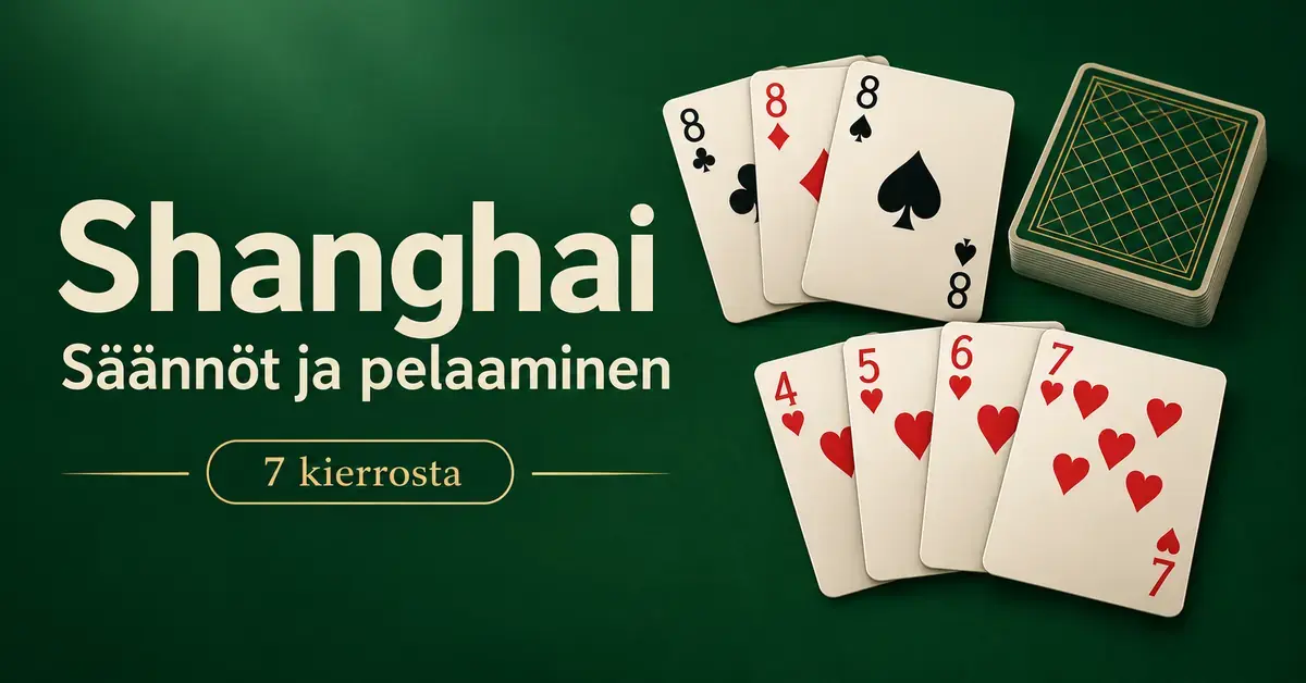 Shanghai-korttipelin artikkelikuva, jossa vihreällä taustalla näkyvät kolmen kahdeksikon ryhmä, herttasuora ja korttipakka sekä tekstit ”Shanghai”, ”Säännöt ja pelaaminen” ja ”7 kierrosta”.