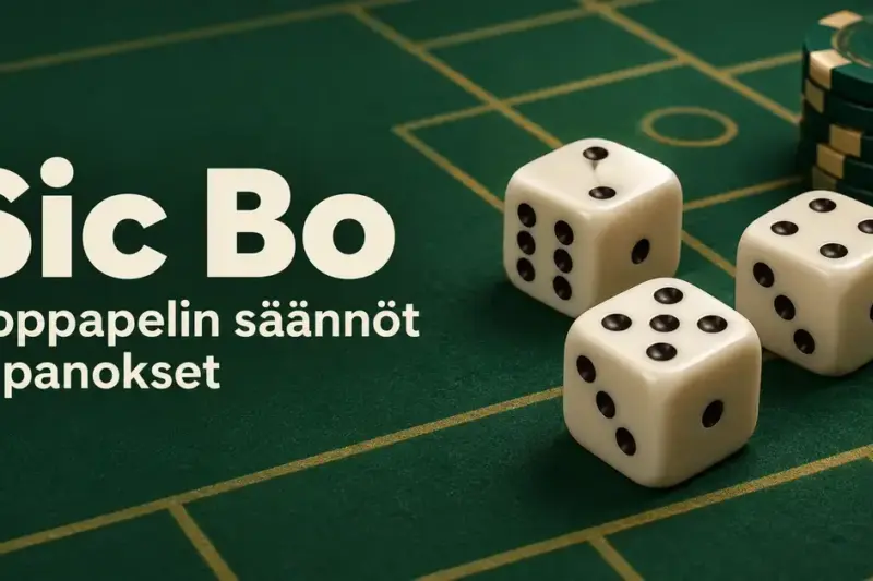 Kolme noppaa ja pelimerkkejä vihreällä Sic Bo -panostaululla sekä teksti ”Sic Bo – Noppapelin säännöt ja panokset”.
