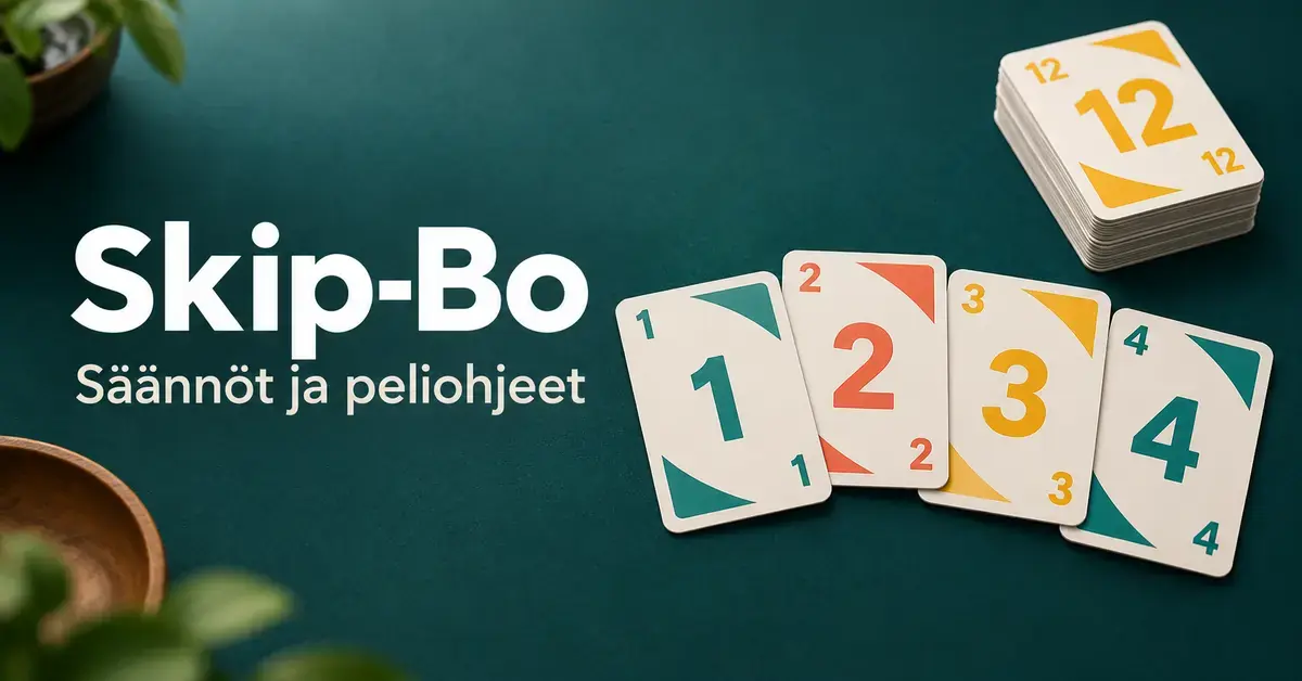Skip-Bo-pelin numeroita 1–4 esittävät kortit ja korttipino tummanvihreällä pöydällä sekä teksti ”Skip-Bo – Säännöt ja peliohjeet”.