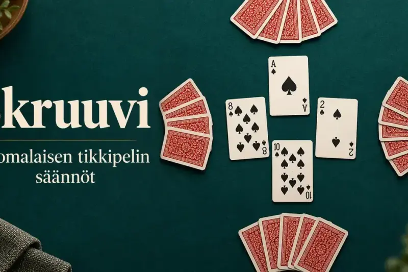 Skruuvin sääntöoppaan kuvituksessa neljä patakorttia ja neljä korttiviuhkaa on aseteltu vihreälle pelipöydälle otsikon ”Skruuvi – Suomalaisen tikkipelin säännöt” viereen.