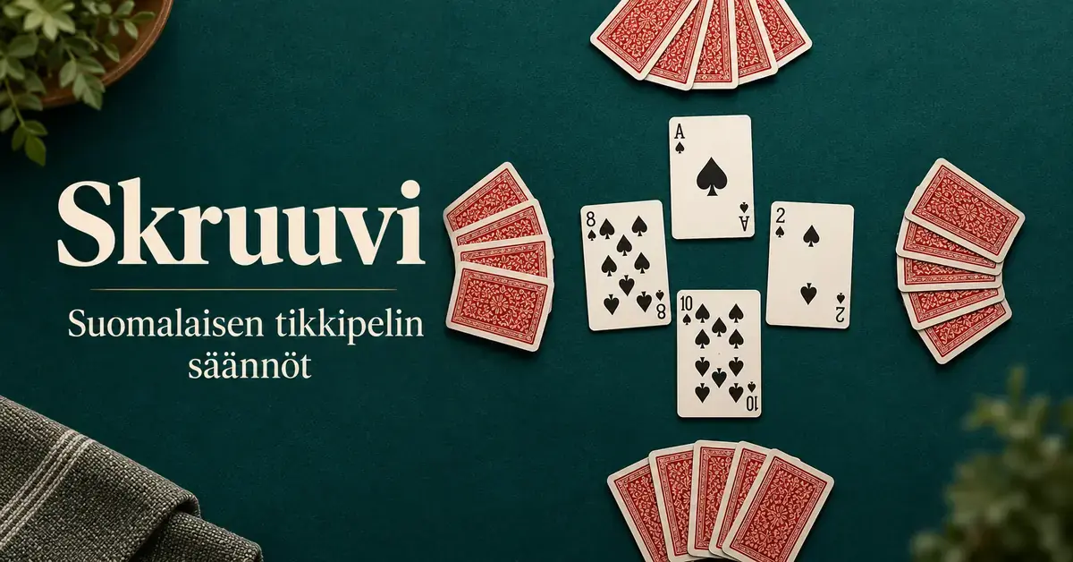 Skruuvin sääntöoppaan kuvituksessa neljä patakorttia ja neljä korttiviuhkaa on aseteltu vihreälle pelipöydälle otsikon ”Skruuvi – Suomalaisen tikkipelin säännöt” viereen.